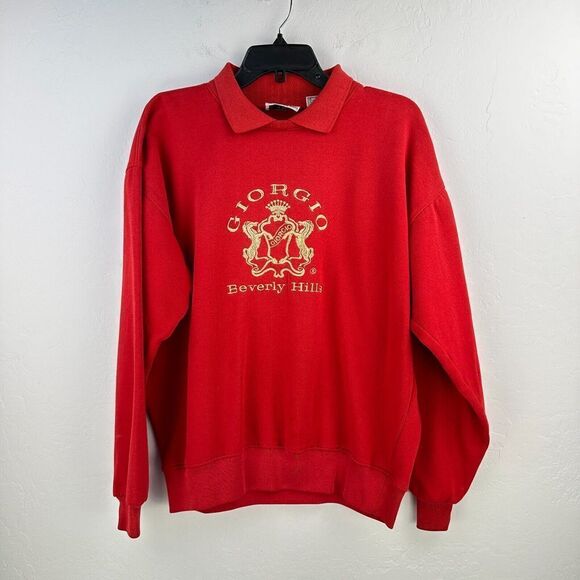 VTG Giorgio Beverly Hills Sweatshirt Womens L Red Gold‎ Embroidered Collared - Picture 1 of 8